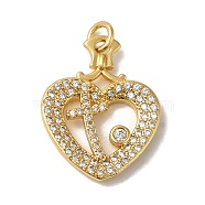 Heart with Cross Rack Plating Brass Micro Pave Clear Cubic Zirconia Pendants, with Jump Ring, Long-Lasting Plated, Lead Free & Cadmium Free, Real 18K Gold Plated, 22.5x18x3mm, Hole: 3mm(KK-K377-58G)