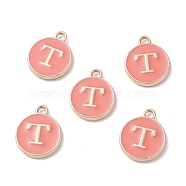 (Defective Closeout Sale Border damaged) Golden Plated Alloy Enamel Charms, Cadmium Free & Lead Free, Enamelled Sequins, Flat Round with Letter, Letter.T, 14x12x2mm, Hole: 1.3mm(ENAM-XCP0001-20T)