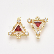 Brass Cubic Zirconia Links, Real 18K Gold Plated, Nickel Free, Triangle, Red, 15x13x3mm, Hole: 1mm(KK-T038-552A-NF)