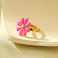 304 Stainless Steel Enamel Stud Rings for Women, Flower, Hot Pink, Adjustable, Flower: 18x18mm(RJEW-U023-01G-04)