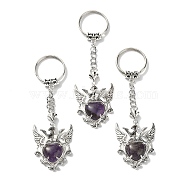 Natural Amethyst Heart with Wing Pendant Keychain, with Platinum Tone Brass Findings, 9.6cm(G-Z033-04P-01)