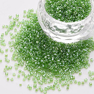 Glass Cylinder Beads, Seed Beads, Transparent Colours Luster, Round Hole, Green, 1.5~2x1~2mm, Hole: 0.8mm, about 8000pcs/bag, about 1pound/bag(SEED-S047-G-007)