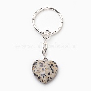 Natural Dalmatian Jasper Keychain, with Iron Key Clasp, Heart, Platinum, 70mm, Heart: 21~21.5x20~20.5x6mm(KEYC-JKC00166-02)