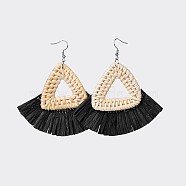 (Jewelry Parties Factory Sale)Handmade Reed Cane/Rattan Woven Dangle Earrings, with Paper Tassel Fringe Trimming and 304 Stainless Steel Earring Hooks, Black, 81~88mm, Pin: 0.6mm(EJEW-JE03033-02)