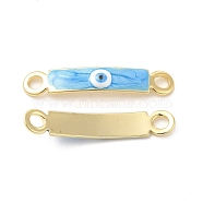 Brass Connector Charms, Curved Rectangle Links with Evil Eye Pattern, with Enamel, Real 18K Gold Plated, Long-Lasting Plated, Deep Sky Blue, 30x5x2mm, Hole: 3mm(KK-E075-02G-08)