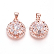 Brass Micro Pave Cubic Zirconia Pendants, Long-Lasting Plated, Flat Round with Flower, Flower Able Rotate, Rose Gold, Clear, 17.5x14.5x8mm, Hole: 4x3.5mm(ZIRC-I039-01C-RG)