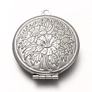 316 Stainless Steel Locket Pendants, Photo Frame Charms for Necklaces, Flat Round with Flower, Stainless Steel Color, 32x27x6.5mm, Hole: 1.8mm, Inner Diameter: 18.5mm(STAS-P268-03P)