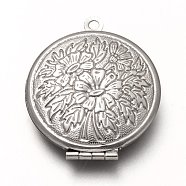 Tarnish Resistant 316 Stainless Steel Locket Pendants, Photo Frame Charms for Necklaces, Flat Round with Flower, Stainless Steel Color, 32x27x6.5mm, Hole: 1.8mm, Inner Diameter: 18.5mm(STAS-P268-03P)