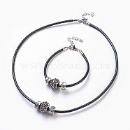Cowhide Leather Cord Jewelry Sets, Necklaces & Bracelets, with Resin Rhinestone European Beads and Alloy European Style Clasps, Rondelle, Hematite, 195x3mm, 18.11 inch~18.5  inch(46~47cm)(SJEW-JS00989-03)