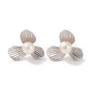 Sterling Silver Stud Earrings, with Natural Pearl, Jewely for Women, Flower, Platinum, 13x15.5mm(EJEW-C087-08B-P)