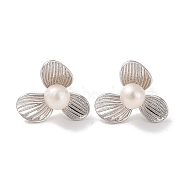 Anti-Tarnish Sterling Silver Stud Earrings, with Natural Pearl, Jewely for Women, Flower, Platinum, 13x15.5mm(EJEW-C087-08B-P)