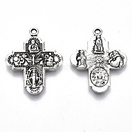 Tibetan Style Alloy Pendants, Cadmium Free & Lead Free, for Religion, Cross with Saint, Antique Silver, 29.5x23x2mm, Hole: 1.5mm(X-TIBE-S320-018AS-LF)