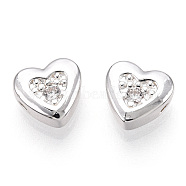 Brass Micro Pave Cubic Zirconia Beads, Heart, 925 Sterling Silver Plated, 7x8x3.5mm, Hole: 0.9mm(FIND-Z035-18S)