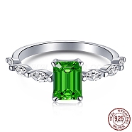 Rhodium Plated 925 Sterling Silver Finger Rings, Birthstone Ring, with 5A Cubic Zirconia Rectangle for Women, Real Platinum Plated, Green, 1.7mm, US Size 7(17.3mm)(RJEW-A019-28B-03P)