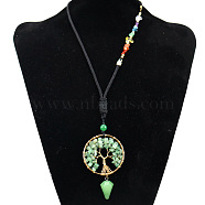Natural Green Aventurine Chips Tree of Life Pendant Necklace, Brass Wire Wrap Necklace with Polyester Ropes, 25.98 inch(66cm)(FIND-PW0027-04E)