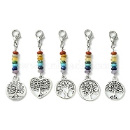 Alloy Heart/Flat Round with Tree of Life Pendant Decorations, with Chakra Gemstone Bead and Zinc Alloy Lobster Claw Clasps, 54~56.5mm(HJEW-JM01383)