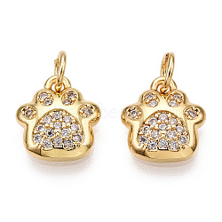 Brass Micro Pave Clear Cubic Zirconia Charms, with Jump Rings, Nickel Free, Dog Paw Prints, Real 18K Gold Plated, 10.5x10x2.5mm, Hole: 3mm(KK-T070-06G-NF)