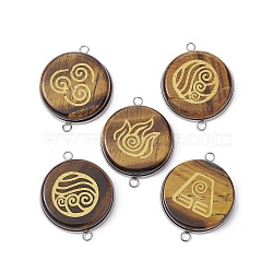 Natural Tiger Eye Connector Charms, Symbol Print Flat Round Links with Stainless Steel Color Plated Stainless Steel Findings, 33x26x6mm, Hole: 2.5mm(PALLOY-JF02370)