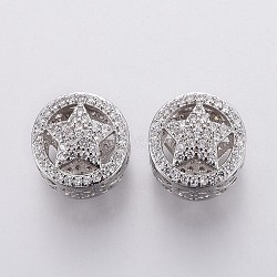 Brass Micro Pave Cubic Zirconia European Beads, Large Hole Beads, Hollow, Flat Round with Star, Clear, Platinum, 11.5x10mm, Hole: 4.5mm(OPDL-P001-19)