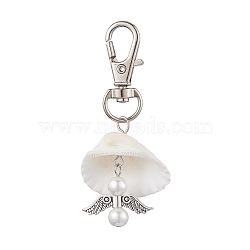 Angel Alloy & Natural Shell Pendant Decorations, Swivel Clasps Charms for Bag Ornaments, Antique Silver & Platinum, 62.5mm(HJEW-JM02016-01)