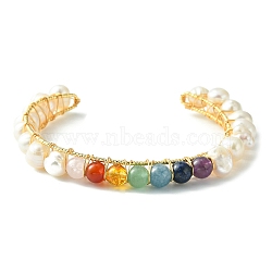 Natural Pearl Bead & Mixed Gemstone Beads Cuff Bangles for Women Girl Gift, Stone Bangle with Brass Base, White, Inner Diameter: 2.13~2.24 inch(54~57mm)(BJEW-JB06826-03)