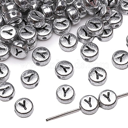 50Pcs Silver Plating Acrylic Beads, Alphabet Beads, Flat Round with Letter, Letter Y, 7x4mm, Hole: 1mm(PW-WG2E8AD-02)