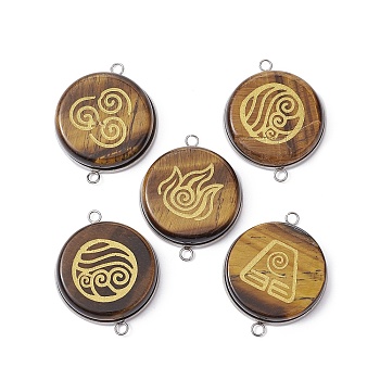 Natural Tiger Eye Connector Charms, Symbol Print Flat Round Links with Stainless Steel Color Plated Stainless Steel Findings, 33x26x6mm, Hole: 2.5mm