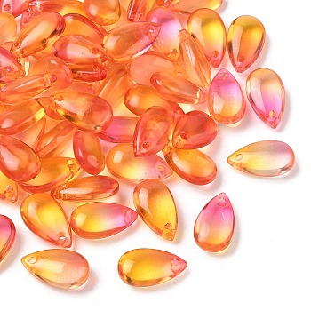 Transparent Glass Charms, Dyed & Heated, Teardrop, Pearl Pink, 13.5x8x5.5mm, Hole: 1mm