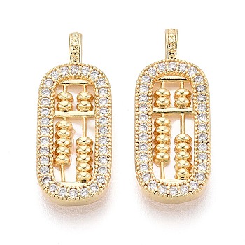 Natural White Shell Pendants, Brass Micro Pave Clear Cubic Zirconia Abacus Charms, Real 18K Gold Plated, 24x9.5x3mm, Hole: 2.5x1.4mm