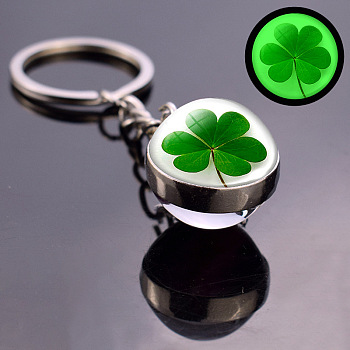 Luminous Alloy Glass Keychain, with Key Ring, Round with Clover, White, 8x2cm