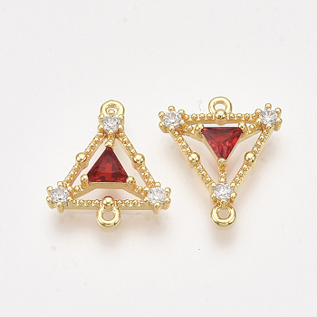 Brass Cubic Zirconia Links, Real 18K Gold Plated, Nickel Free, Triangle, Red, 15x13x3mm, Hole: 1mm
