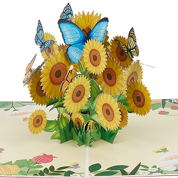 3D Sunflower Pop Up Paper Greeting Card, with Envelope & Small Card, Birthday Invitation Card, Colorful, Envelope: 155x207x0.5mm, 1pc, Card: 196x145x3.5mm, 1pc, Small Card: 190x70x0.5mm, 1pc