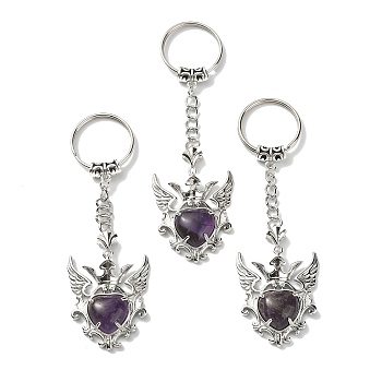 Natural Amethyst Heart with Wing Pendant Keychain, with Platinum Tone Brass Findings, 9.6cm