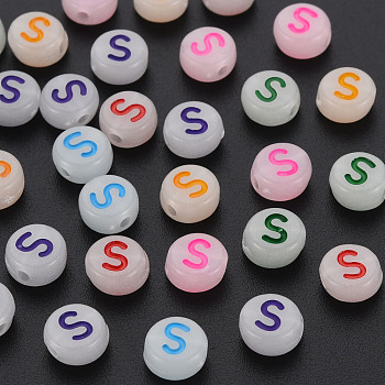 Acrylic Beads, Glow in the Dark, with Enamel and Luminous, Horizontal Hole, Flat Round with Alphabet, Letter.S, 6.5x7x4mm, Hole: 1.6mm, about 3600pcs/500g