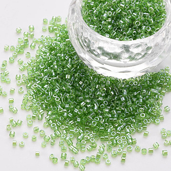 Glass Cylinder Beads, Seed Beads, Transparent Colours Luster, Round Hole, Green, 1.5~2x1~2mm, Hole: 0.8mm, about 8000pcs/bag, about 1pound/bag