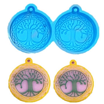 Flat Round with Tree of Life Pendant Silicone Molds, Resin Casting Molds, for DIY UV Resin & Epoxy Resin Jewelry Making, Deep Sky Blue, 31x54x7mm, Hole: 2mm