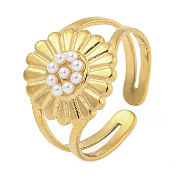 Ion Plating(IP) Flower 304 Stainless Steel Open Cuff Rings for Women, with ABS Plastic Imitation Pearl, Golden, Adjustable, Flower: 13x12mm