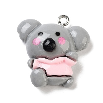 Opaque Resin Pendants, Animal Charms with Platinum Tone Iron Loops, Gray, Koala, 25x25x10mm, Hole: 2mm