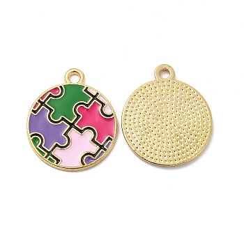 Alloy Enamel Pendants, Flat Round with Autism Puzzle Pattern Charm, Golden, Colorful, 23x20x1mm, Hole: 2mm