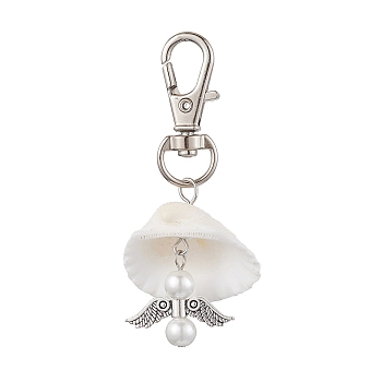 Angel Alloy & Natural Shell Pendant Decorations, Swivel Clasps Charms for Bag Ornaments, Antique Silver & Platinum, 62.5mm