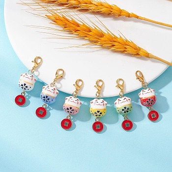 6Pcs Handmade Porcelain Pendant Decorations, with Alloy Lobster Claw Clasps, Cat Shape Charms, Mixed Color, 43mm
