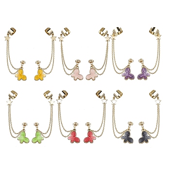 6 Pairs 6 Colors Light Gold 304 Stainless Steel Cuff Earring Chains, Star & Butterfly Alloy Enamel Dangle Stud Earrings Crawler Earrings, Mixed Color, 77mm, 1 Pairs/color