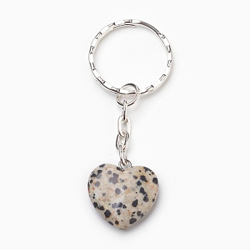 Natural Dalmatian Jasper Keychain, with Iron Key Clasp, Heart, Platinum, 70mm, Heart: 21~21.5x20~20.5x6mm