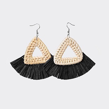 (Jewelry Parties Factory Sale)Handmade Reed Cane/Rattan Woven Dangle Earrings, with Paper Tassel Fringe Trimming and 304 Stainless Steel Earring Hooks, Black, 81~88mm, Pin: 0.6mm