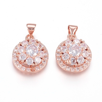 Brass Micro Pave Cubic Zirconia Pendants, Long-Lasting Plated, Flat Round with Flower, Flower Able Rotate, Rose Gold, Clear, 17.5x14.5x8mm, Hole: 4x3.5mm