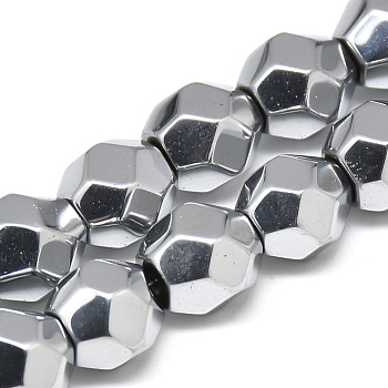 Electroplate Non-magnetic Synthetic Hematite Beads Strands, Faceted Round, Platinum Plated, 9x10x9mm, Hole: 1mm, about 43pcs/strand, 15.7 inch