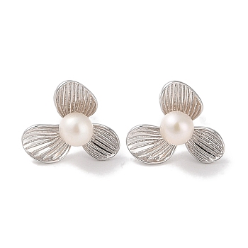 Sterling Silver Stud Earrings, with Natural Pearl, Jewely for Women, Flower, Platinum, 13x15.5mm