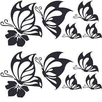 4 Sheets 2 Styles PVC Waterproof Car Stickers, Self-Adhesive Decals, for Vehicle Decoration, Butterfly, Black, 117~154x140~188x0.2mm, Stickers: 50~147x63~132mm, 2 sheets/style