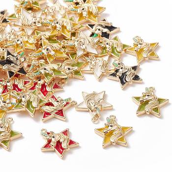 Brass Enamel Pendants, Nickel Free, Star with Unicorn, Real Gold Plated, Mixed Color, 15.5x14x3.5mm, Hole: 1mm