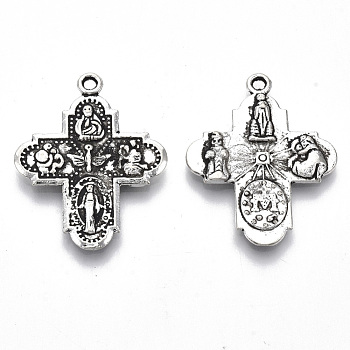 Tibetan Style Alloy Pendants, Cadmium Free & Lead Free, for Religion, Cross with Saint, Antique Silver, 29.5x23x2mm, Hole: 1.5mm